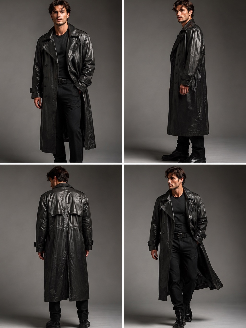Men’s Black Leather Duster Coat 2XL Long Trench Jacket Double Breasted VTG